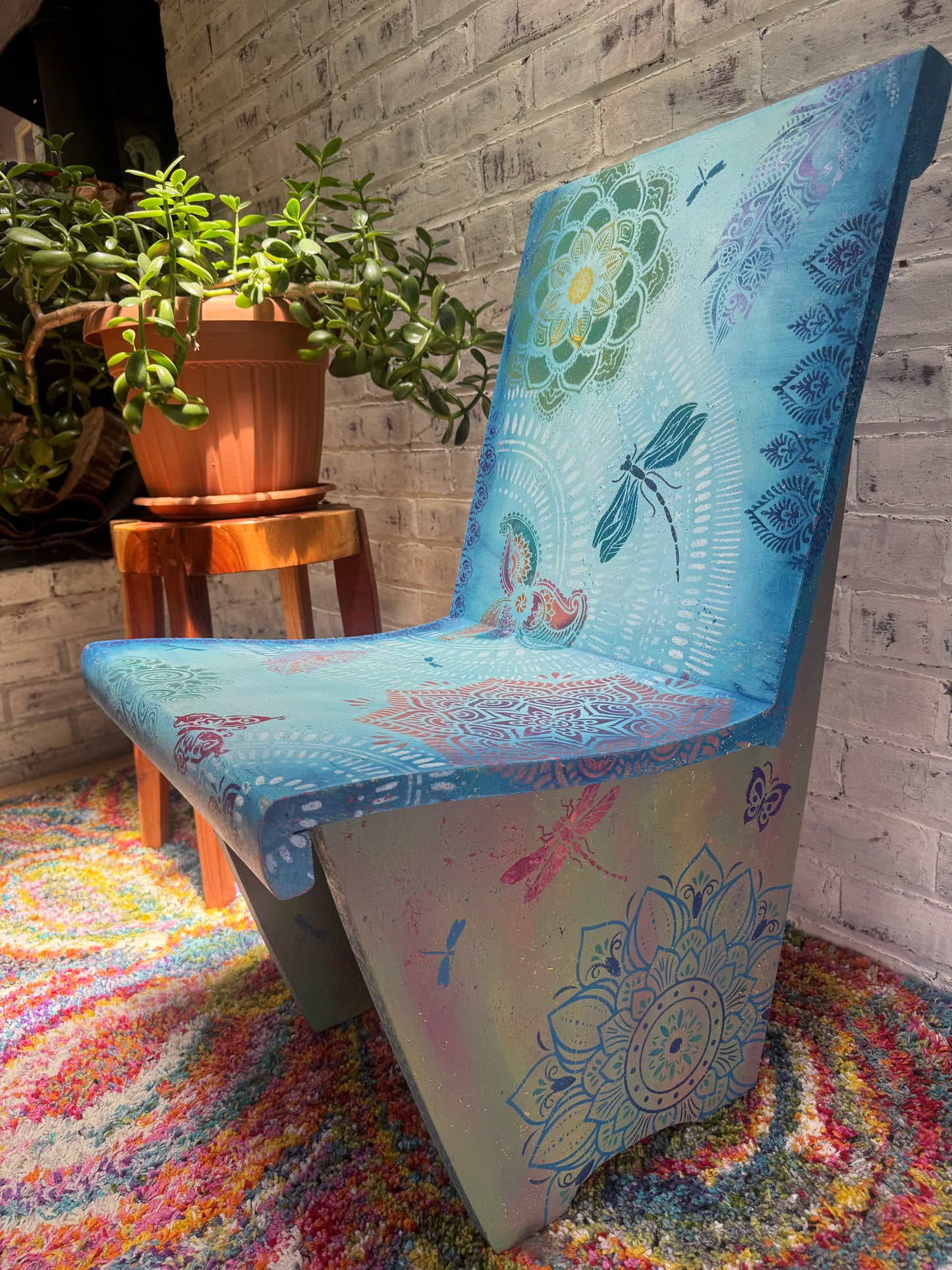 Hand-Painted Boho Church Pew Chair - Unique Upcycled Decor