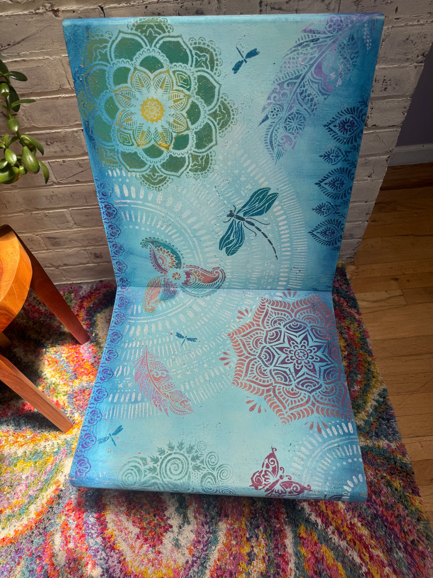 Hand-Painted Boho Church Pew Chair - Unique Upcycled Decor