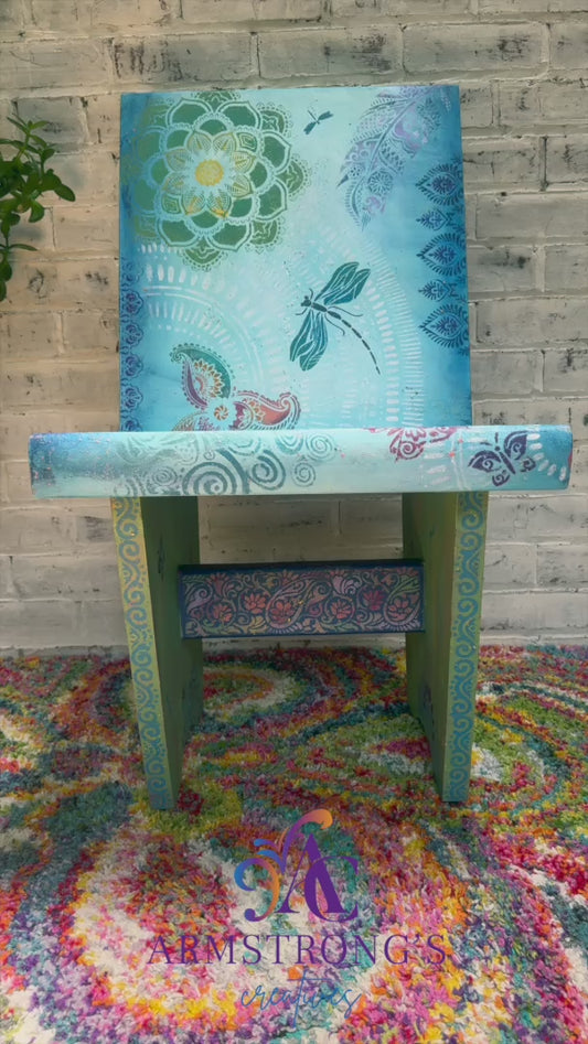 Hand-Painted Boho Church Pew Chair - Unique Upcycled Decor